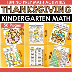 Thanksgiving math worksheets for kindergarten cover showing six colored no prep worksheets