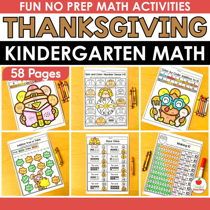 Thanksgiving math worksheets for kindergarten cover showing six colored no prep worksheets