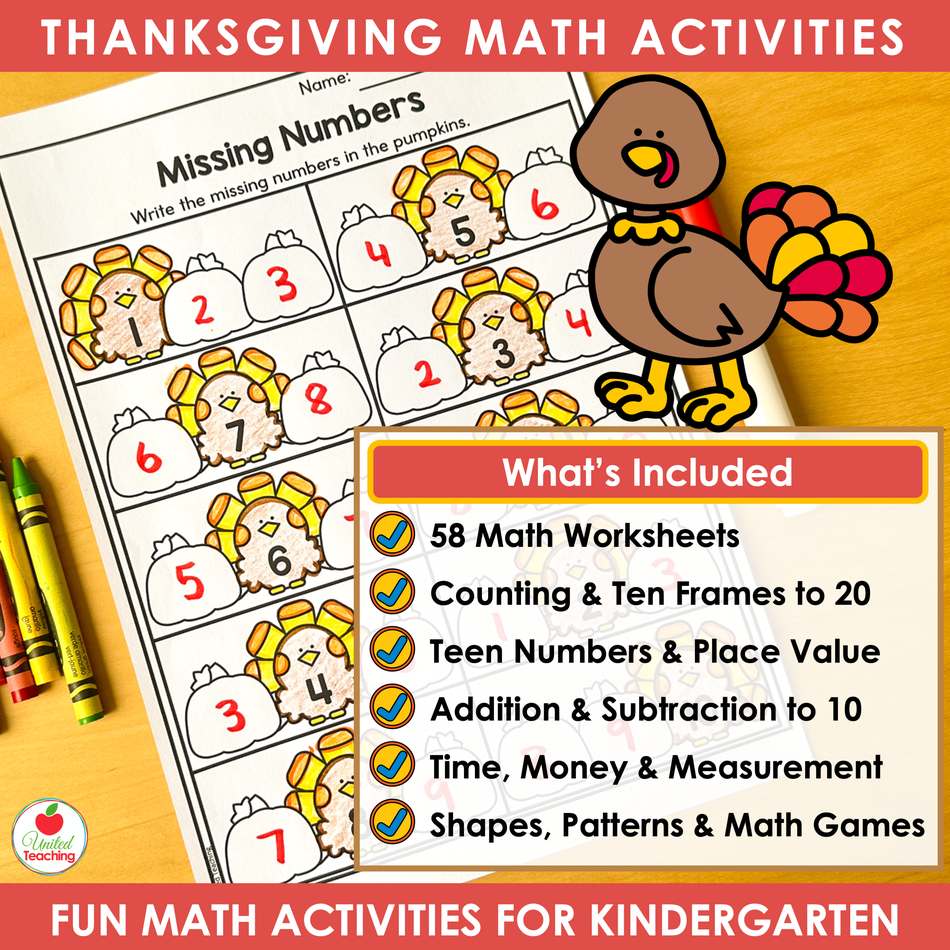 What's included in the Thanksgiving math worksheets for kindergarten beside a missing numbers worksheet