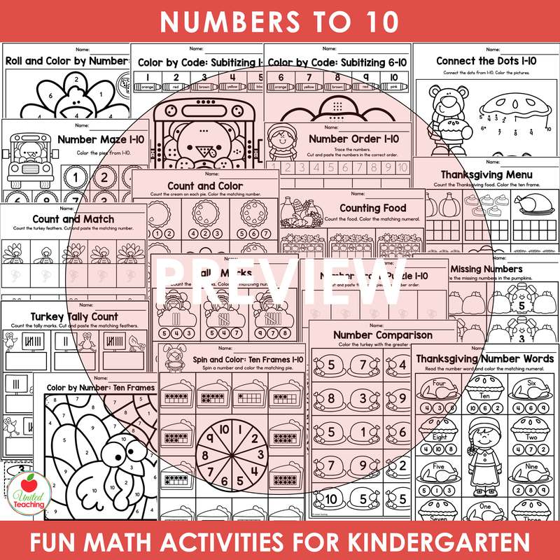 Thanksgiving numbers to 10 worksheets for kindergarten, including subitizing, tally marks and ten frames