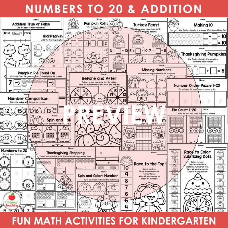 Thanksgiving numbers to 20 and addition worksheets for kindergarten, including making 10 and math games