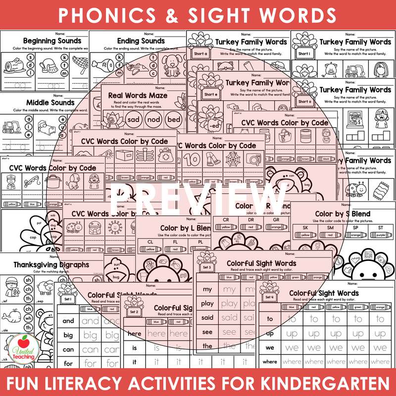 Thanksgiving phonics and sight word worksheets for kindergarten: CVC words, word families, blends and digraphs