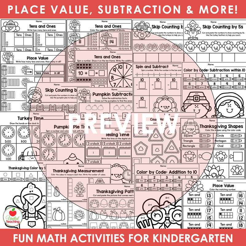 Thanksgiving place value, subtraction, time, shapes and measurement worksheets for kindergarten