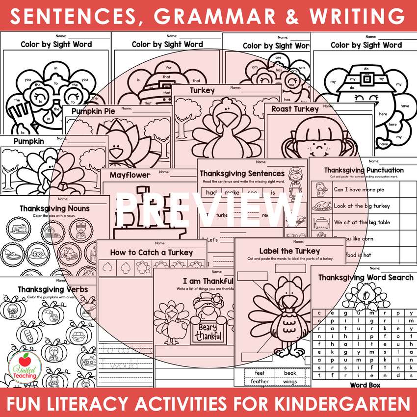 Thanksgiving sentences, grammar and writing worksheets for kindergarten, including nouns, verbs and a word search