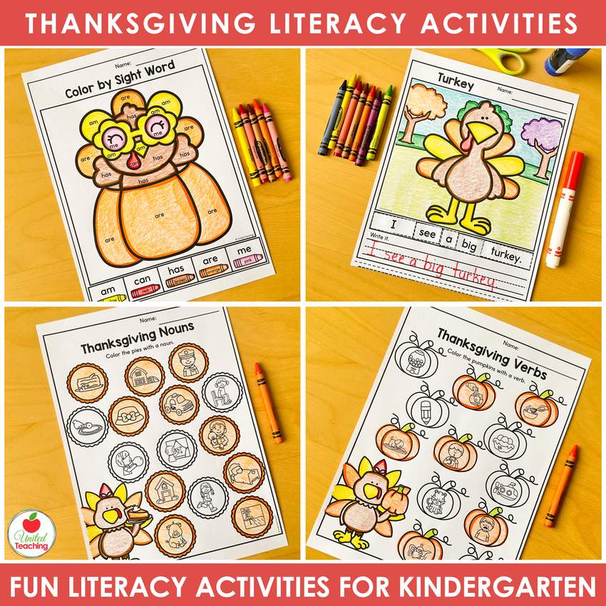 Thanksgiving color by sight word, scrambled sentence, nouns and verbs worksheets for kindergarten