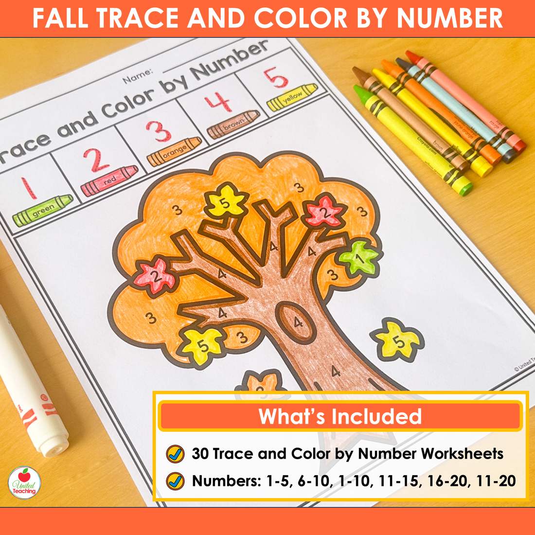 Fall color by number apple tree worksheet with 30 worksheets in six number ranges listed