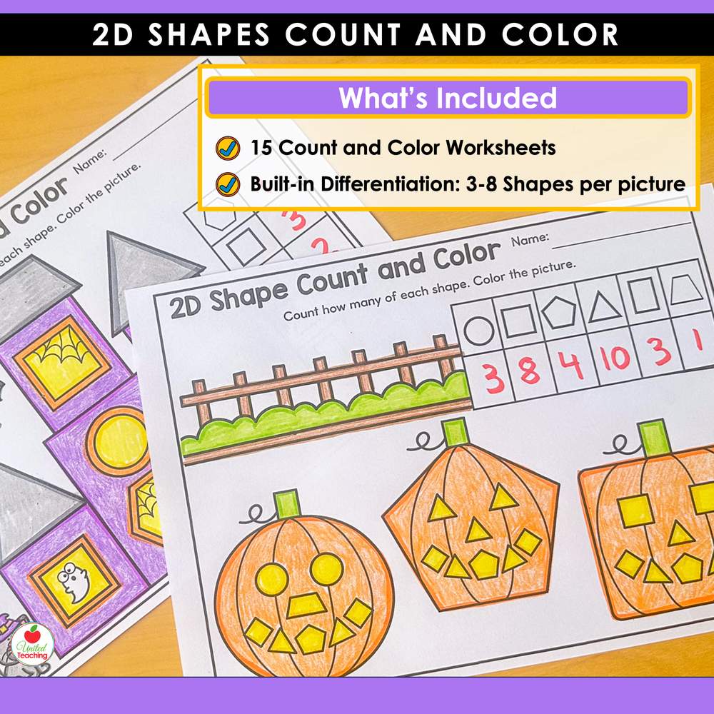 Halloween shapes worksheets showing 15 count and color pages with 3 to 8 shapes per picture